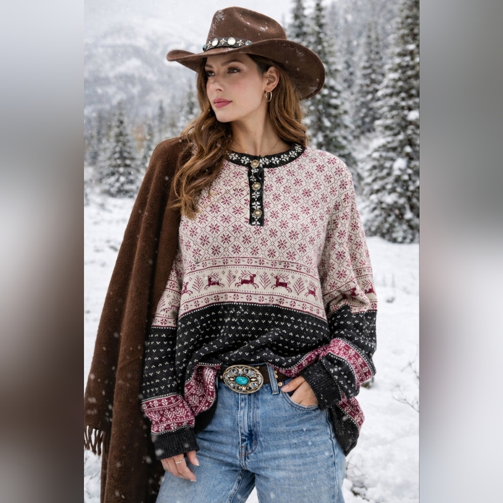 Cherokee Women's Nordic Patterned Sweatshirt - Black, Cream, Pink